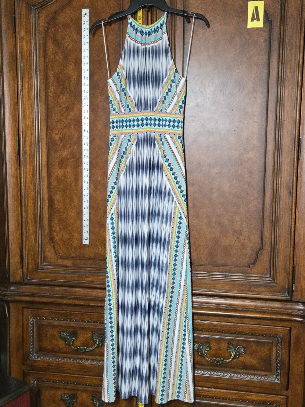 London Style Collection Petite 8P Printed Halter Maxi Dress Boho Resort